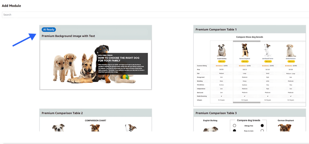 Screenshot of Amazon A+ Content Editor showing module selection options, including premium background images and comparison tables.