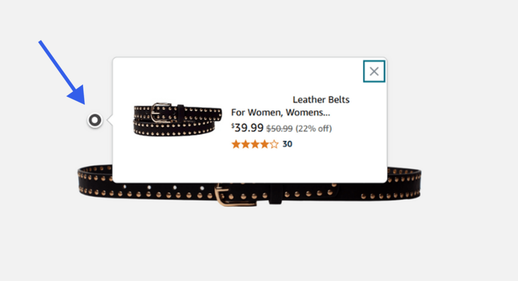 Screenshot of Amazon A+ Content showing a leather belt with an interactive hotspot linking to product details and pricing.