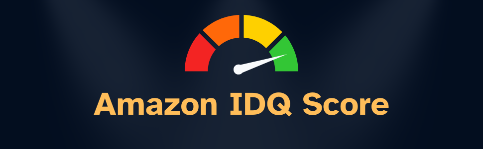 Infographic featuring an Amazon IDQ Score gauge, highlighting product optimization levels from red (low) to green (high).