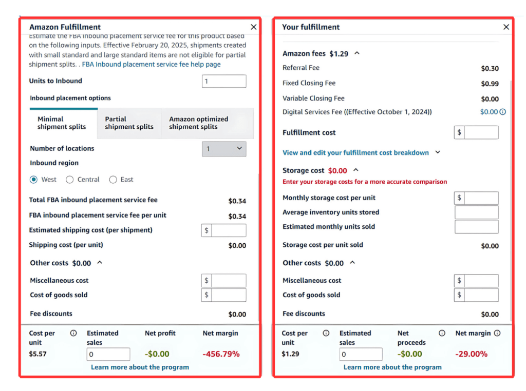 Screenshot of Amazon Revenue Calculator displaying fulfillment costs, Amazon fees, and estimated net profit or loss for sellers.