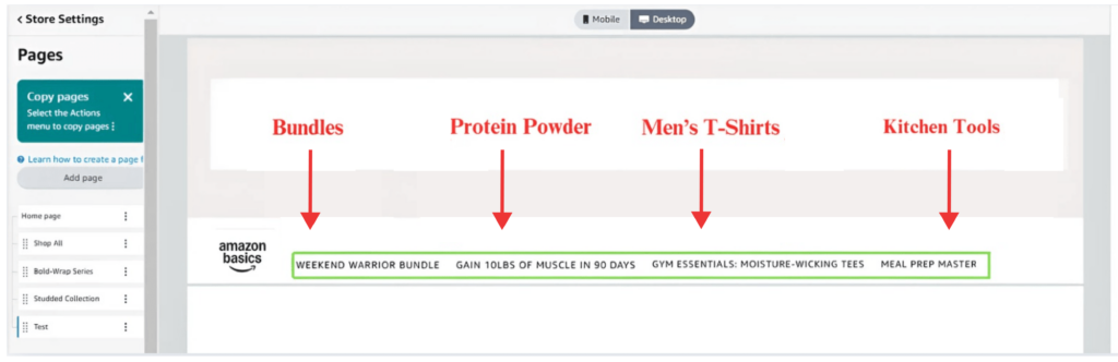 Screenshot of the Amazon Brand Store builder interface, highlighting categorized product sections.