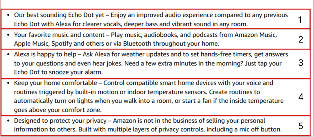 Screenshot of an Amazon product listing showcasing bullet points emphasizing smart home device capabilities and features.