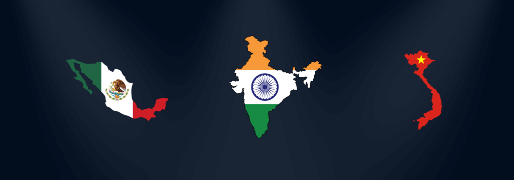 Map of Mexico, India, and Vietnam, highlighting them as alternative sourcing options for businesses affected by U.S.-China tariffs.