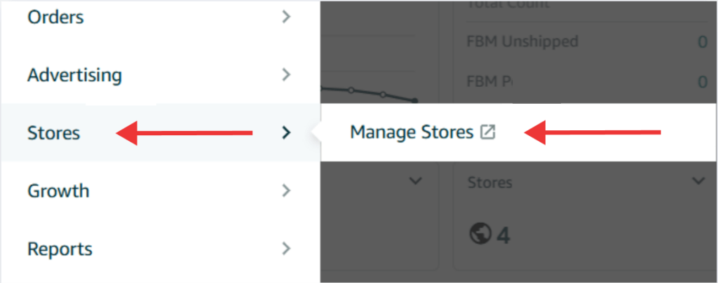 Screenshot showing the Amazon Seller Central menu highlighting the "Stores" section and "Manage Stores" option.