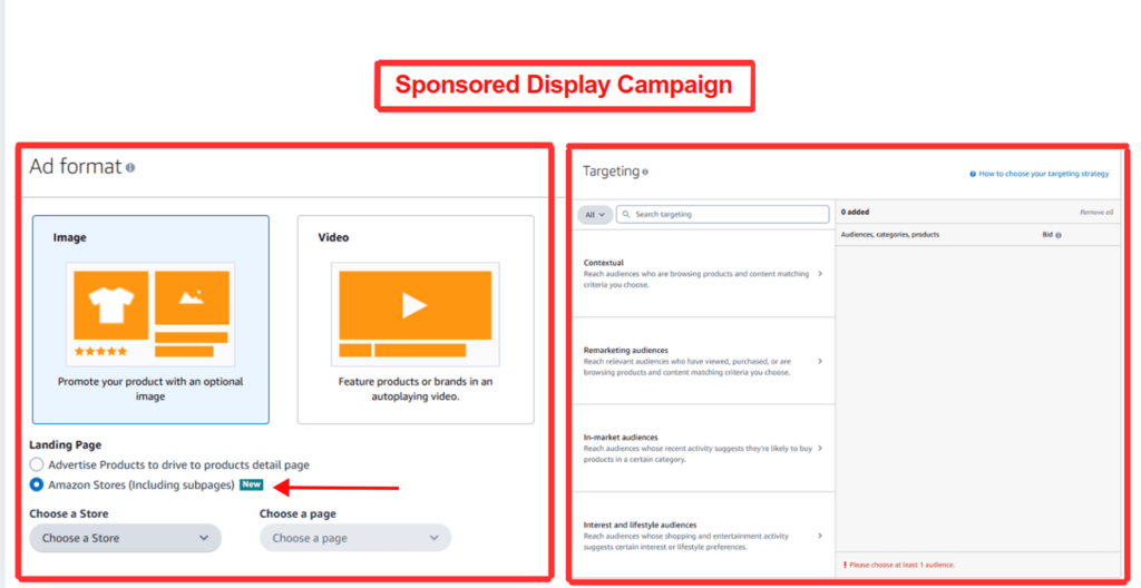 Screenshot of the Sponsored Display campaign setup page showing targeting options and Amazon Store landing page selection.