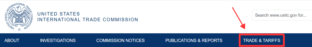 USITC website screenshot showing the "Trade & Tariffs" section for information on U.S. import/export regulations and tariff policies.