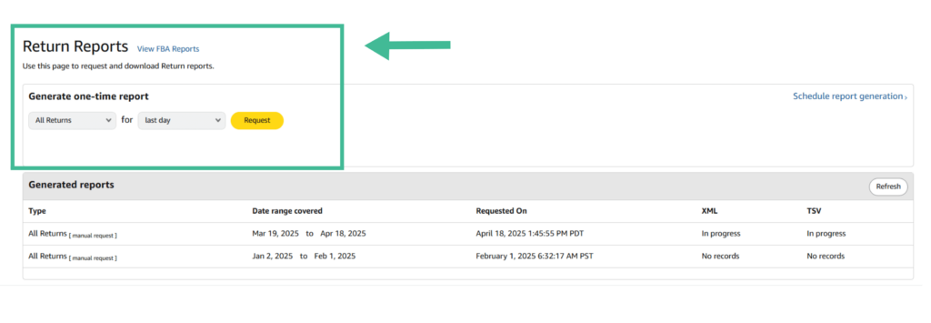 Amazon return reports dashboard showing report generation options.