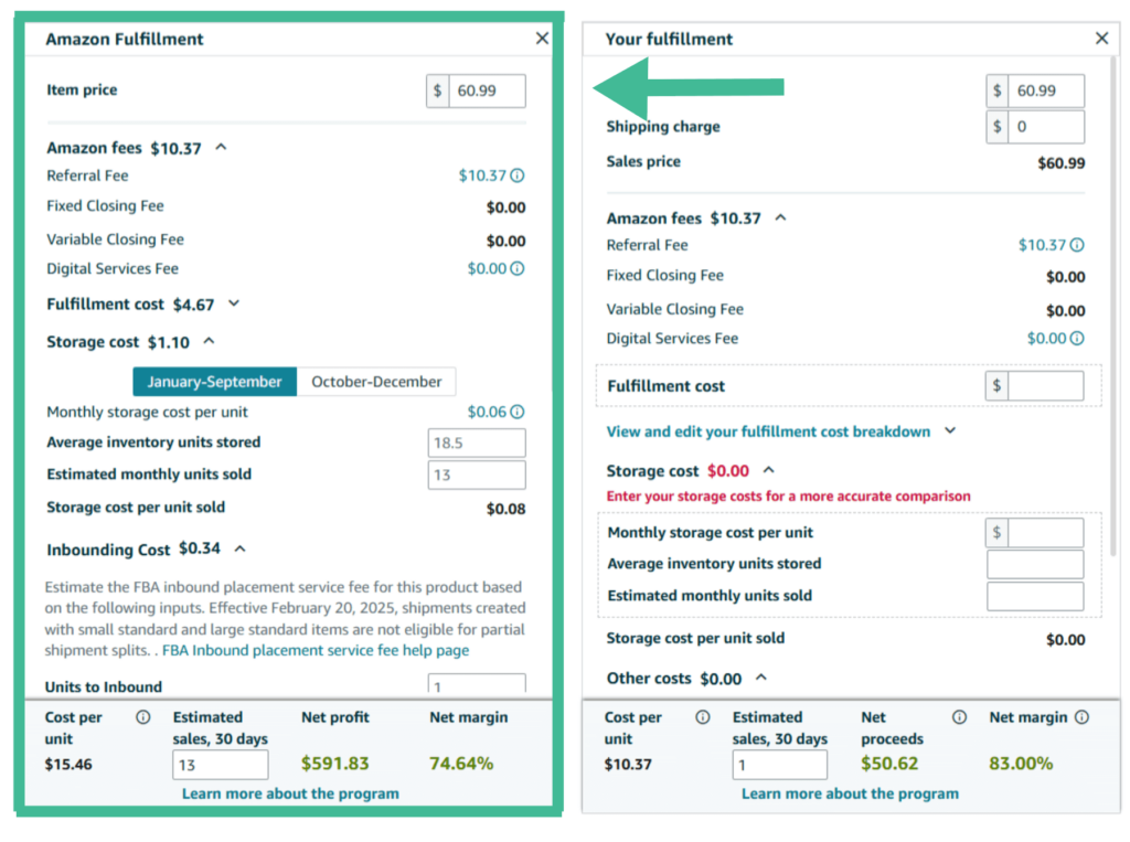Amazon FBA revenue calculator with fulfillment fee comparison
