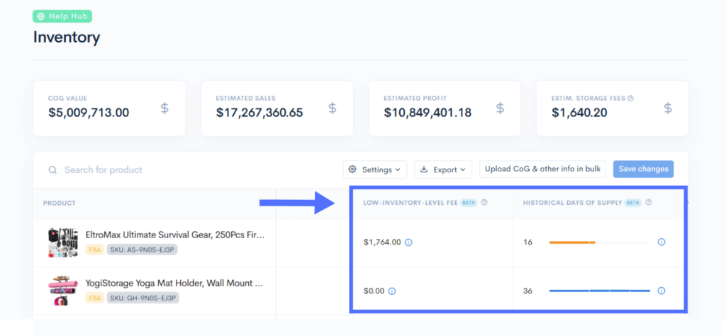 Sellerise inventory dashboard with cost of goods, profit, and inventory supply data