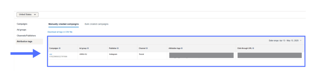 Amazon Attribution dashboard showing Instagram campaign details with tag and click-through URL.