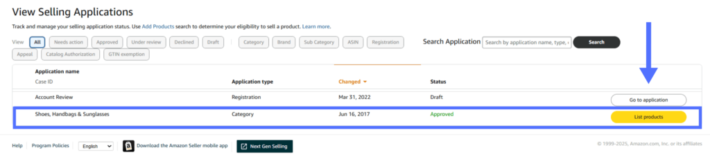 Amazon Seller Central screen showing approved category application with list products button.