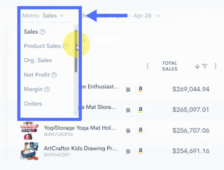 Metric filter dropdown showing sales, profit, and order options in Sellerise Heatmap Analytics