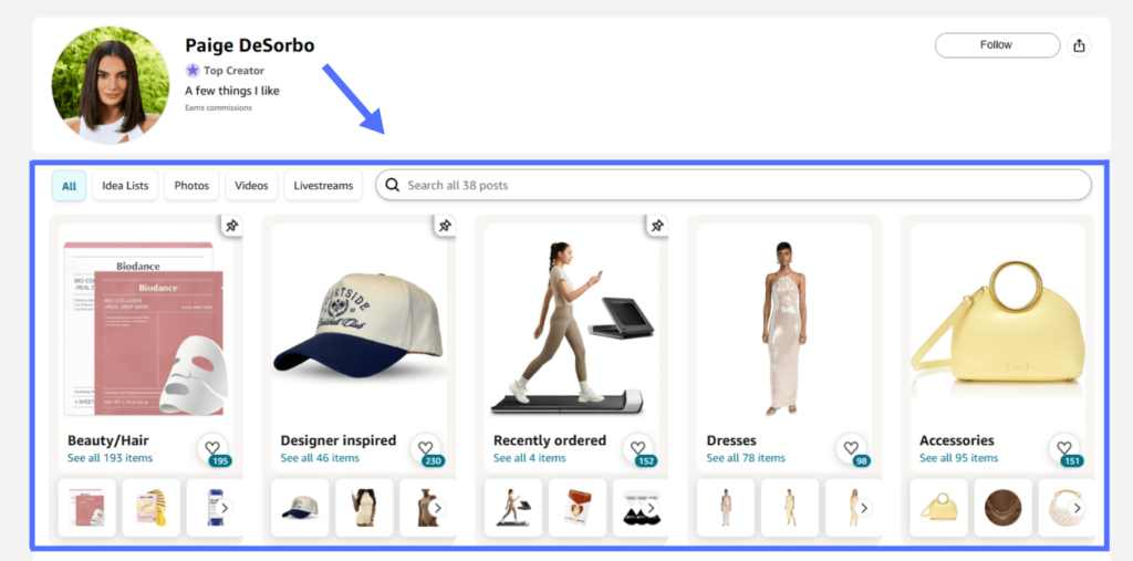 Amazon influencer storefront showing categories like beauty, accessories, and designer picks.
