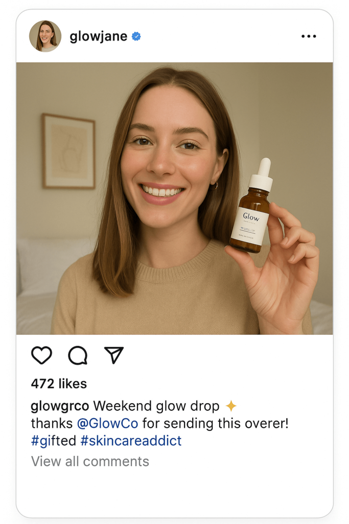 Smiling woman holding a serum with a caption thanking the brand for a gifted product.
