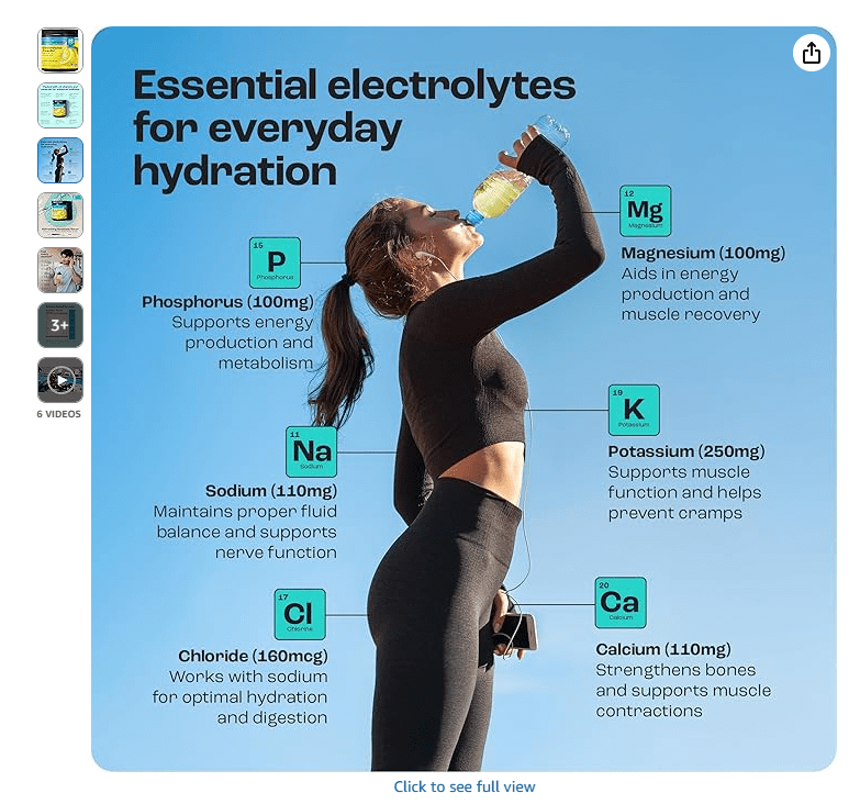 Woman drinking from a bottle with callouts for electrolyte benefits including magnesium, sodium, and calcium.