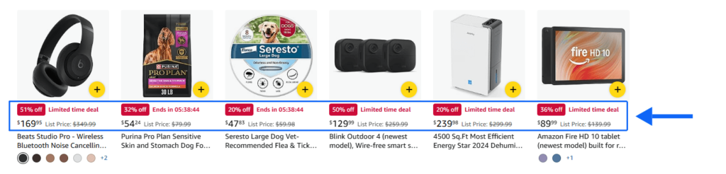 Amazon deal strip highlighting discounts on headphones, tablets, and pet products.