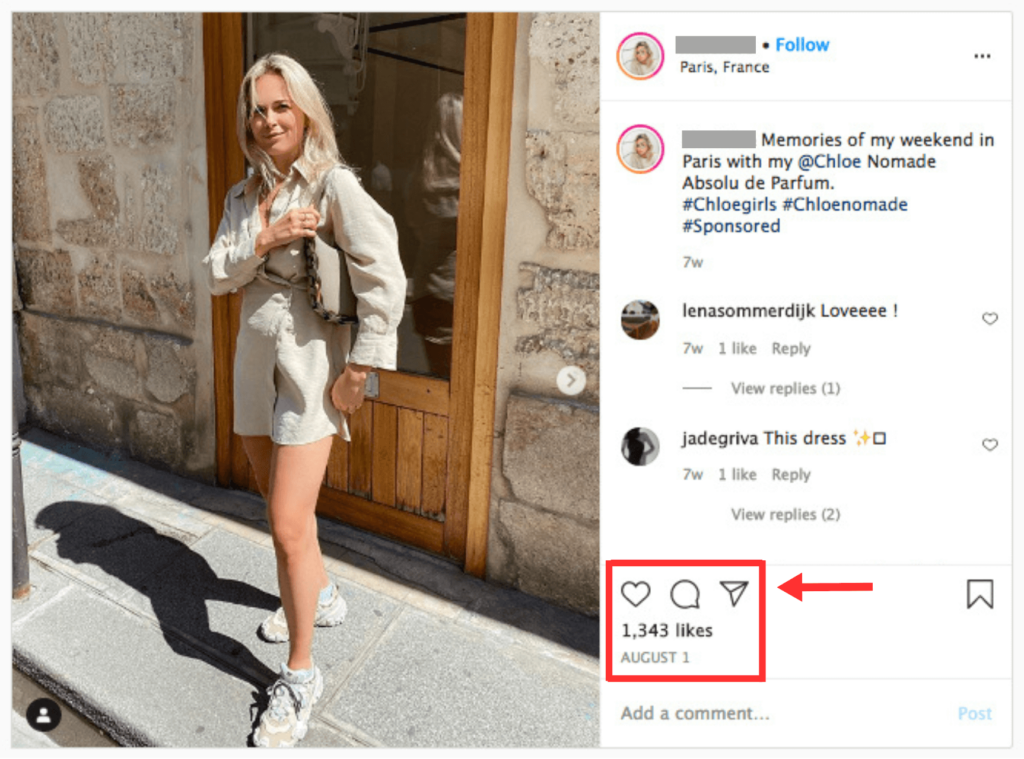 Woman posing outside in Paris holding a purse, with an Instagram post caption mentioning perfume and sponsored hashtags.