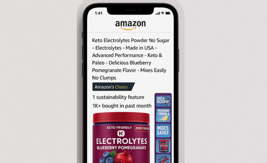 Amazon mobile page showing “Amazon’s Choice” electrolyte supplement with customer info and product image.