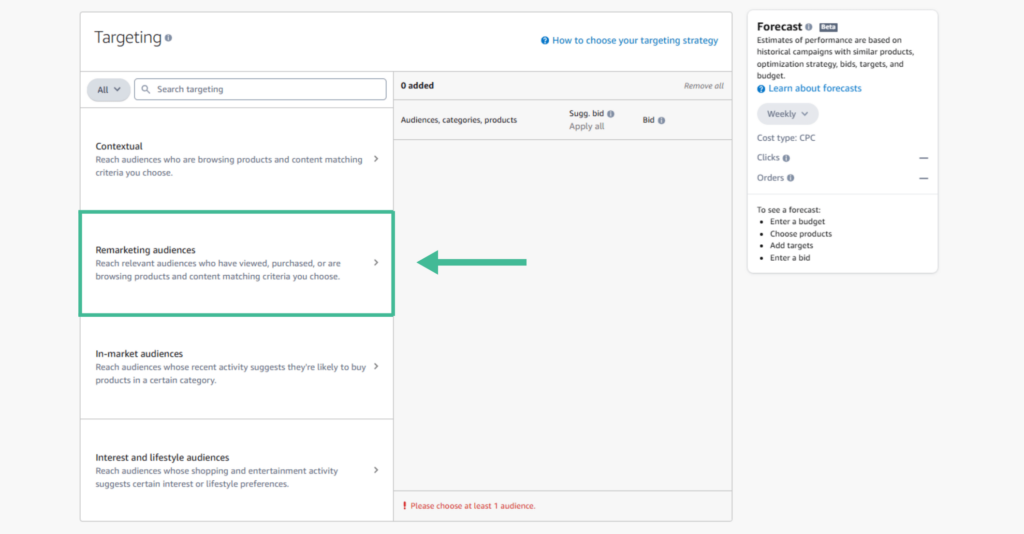 Amazon advertising dashboard showing how to set up remarketing audience targeting