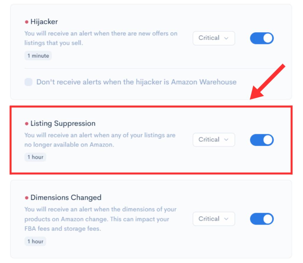 Sellerise alert system showing active notification for Amazon listing suppression.