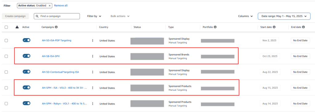 Amazon ads campaign view showing Sponsored Brands and Sponsored Products active campaigns