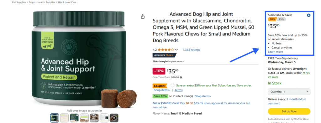 Amazon product listing highlighting the Subscribe & Save option with discount offer