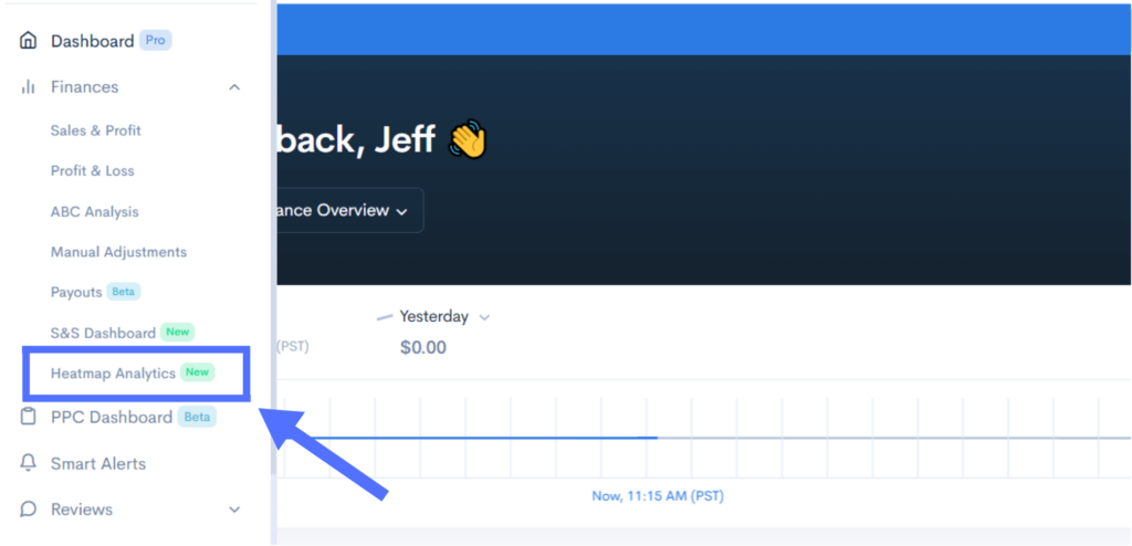 Sellerise dashboard sidebar with Heatmap Analytics highlighted for easy navigation
