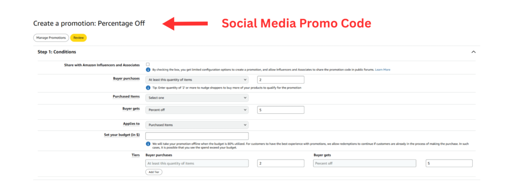 Amazon promotion setup screen showing discount configuration for social media influencer campaigns.