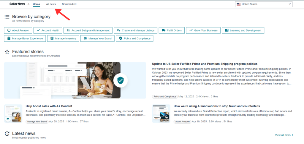 Amazon Seller Central news homepage with categories and featured updates