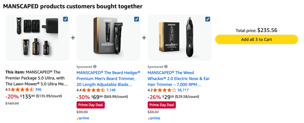 Screenshot of Amazon’s “Frequently Bought Together” section showing grooming bundle with trimmer, beard hedger, and nose hair trimmer priced together.