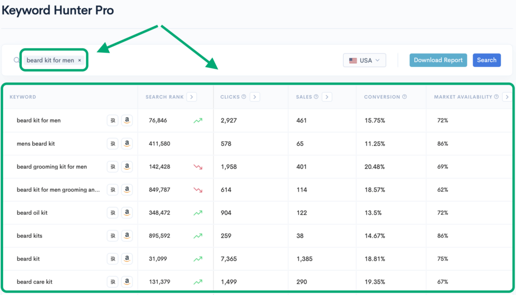 Sellerise Keyword Hunter Pro screenshot showing keyword data for “beard kit for men,” including search rank, clicks, and conversion rates.