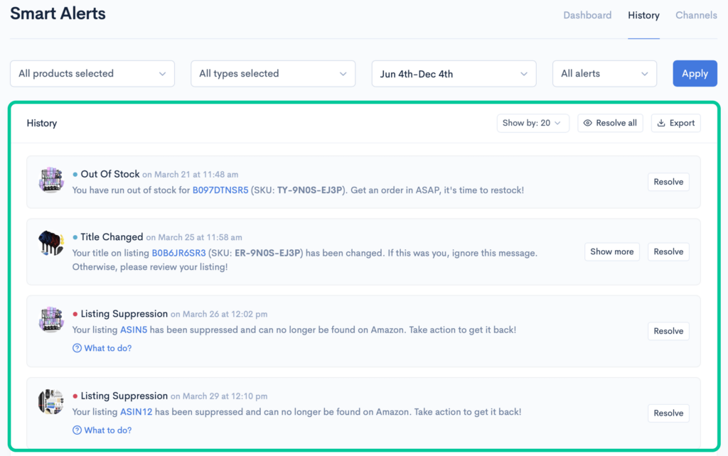 Screenshot of Sellerise Smart Alerts history showing out-of-stock notifications, title changes, and listing suppression alerts.