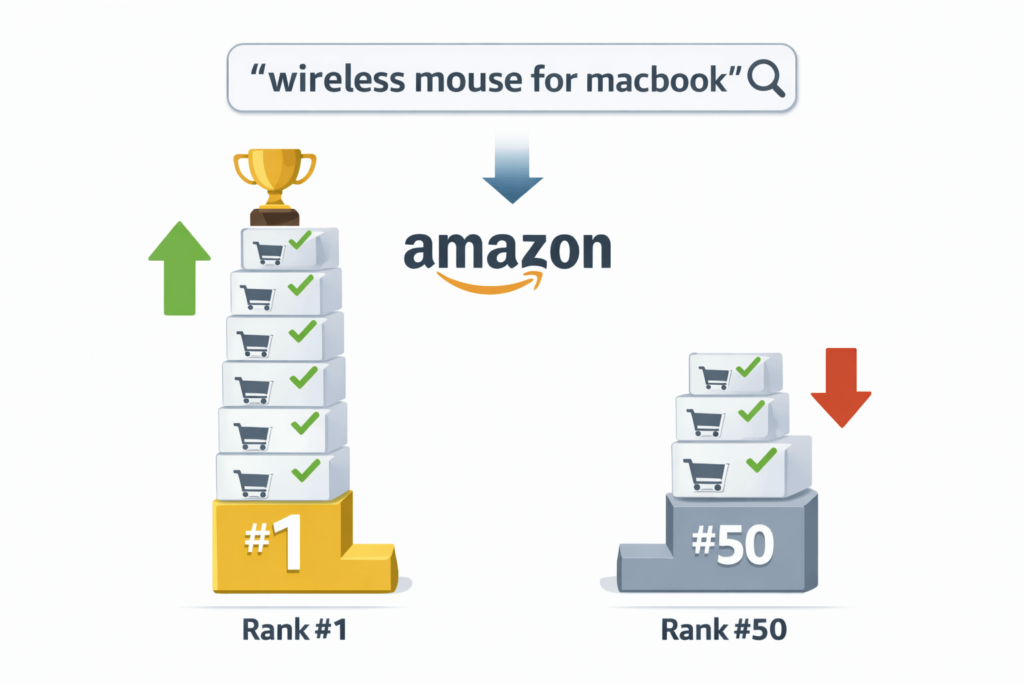 Amazon keyword ranking illustration showing Rank #1 vs Rank #50 for “wireless mouse for macbook”