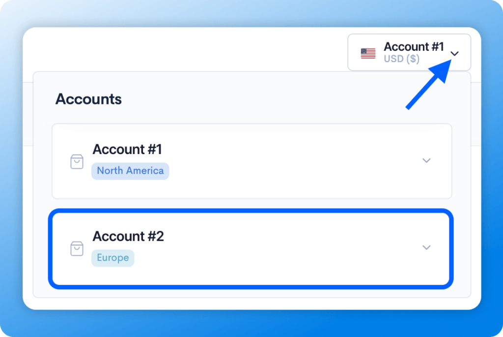 Amazon seller dashboard showing account selection dropdown with North America and Europe accounts.
