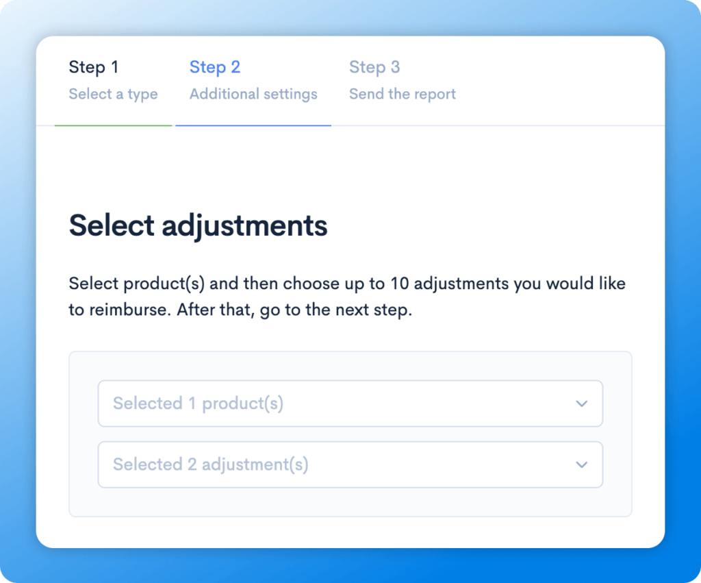Amazon reimbursement workflow showing step 2 additional settings where users select products and reimbursement adjustments before submitting report