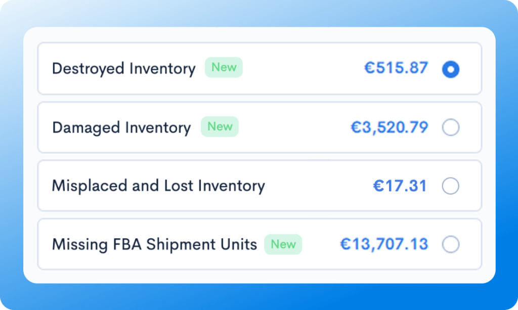 List of Amazon reimbursement categories including destroyed inventory, damaged inventory, misplaced items, and missing shipment units with euro values