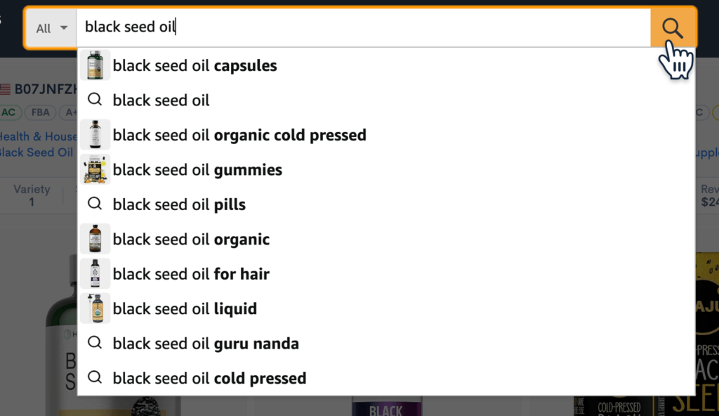 Amazon search bar with the keyword and autocomplete suggestions for product research.