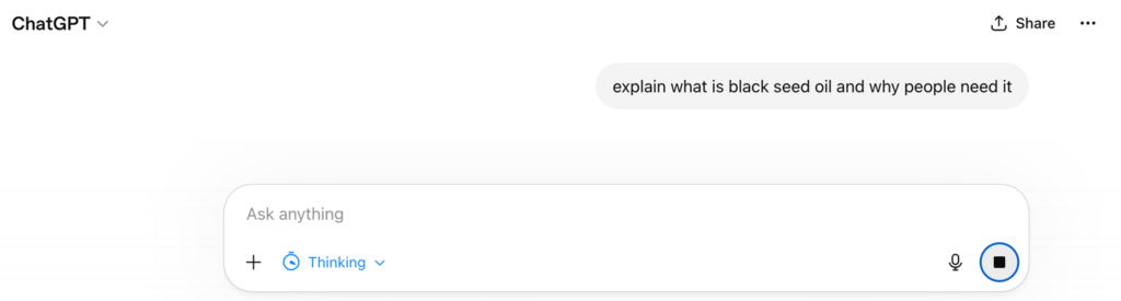 ChatGPT screen with the prompt asking to explain what a product is and why people need it.