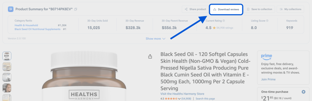 Sellerise Chrome Extension on an Amazon product page with the Download Reviews button highlighted