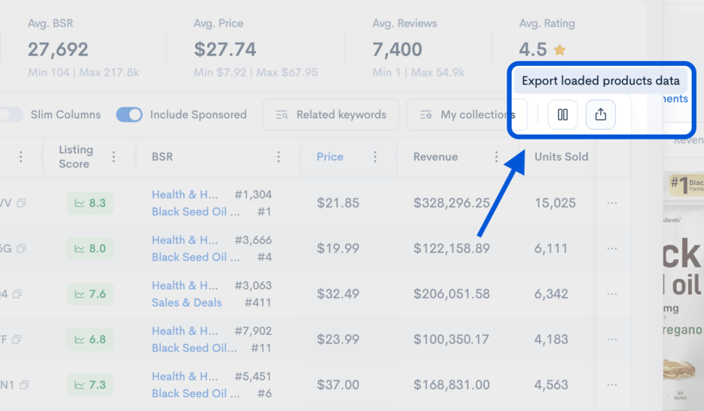 Sellerise Chrome Extension interface with export loaded products data feature highlighted on Amazon search results