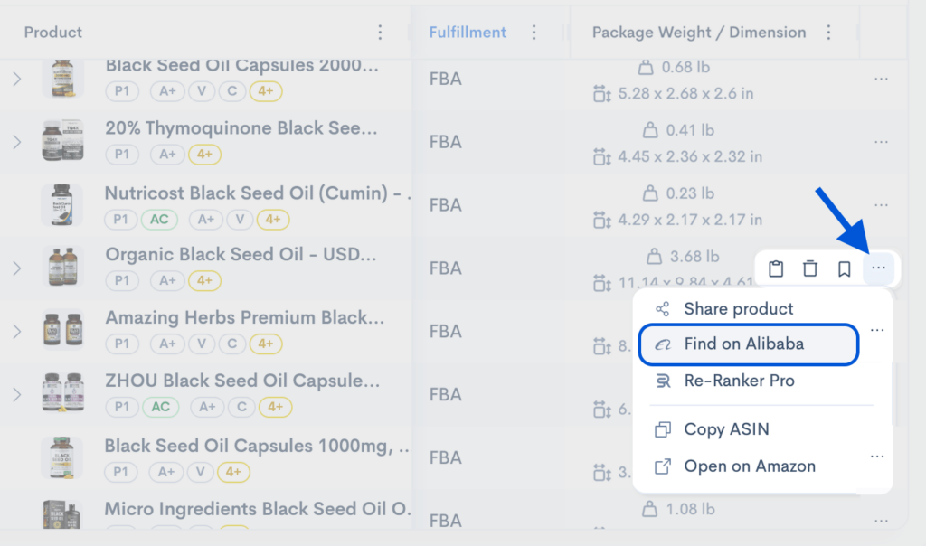 Sellerise Chrome Extension menu with Find on Alibaba option highlighted for supplier discovery