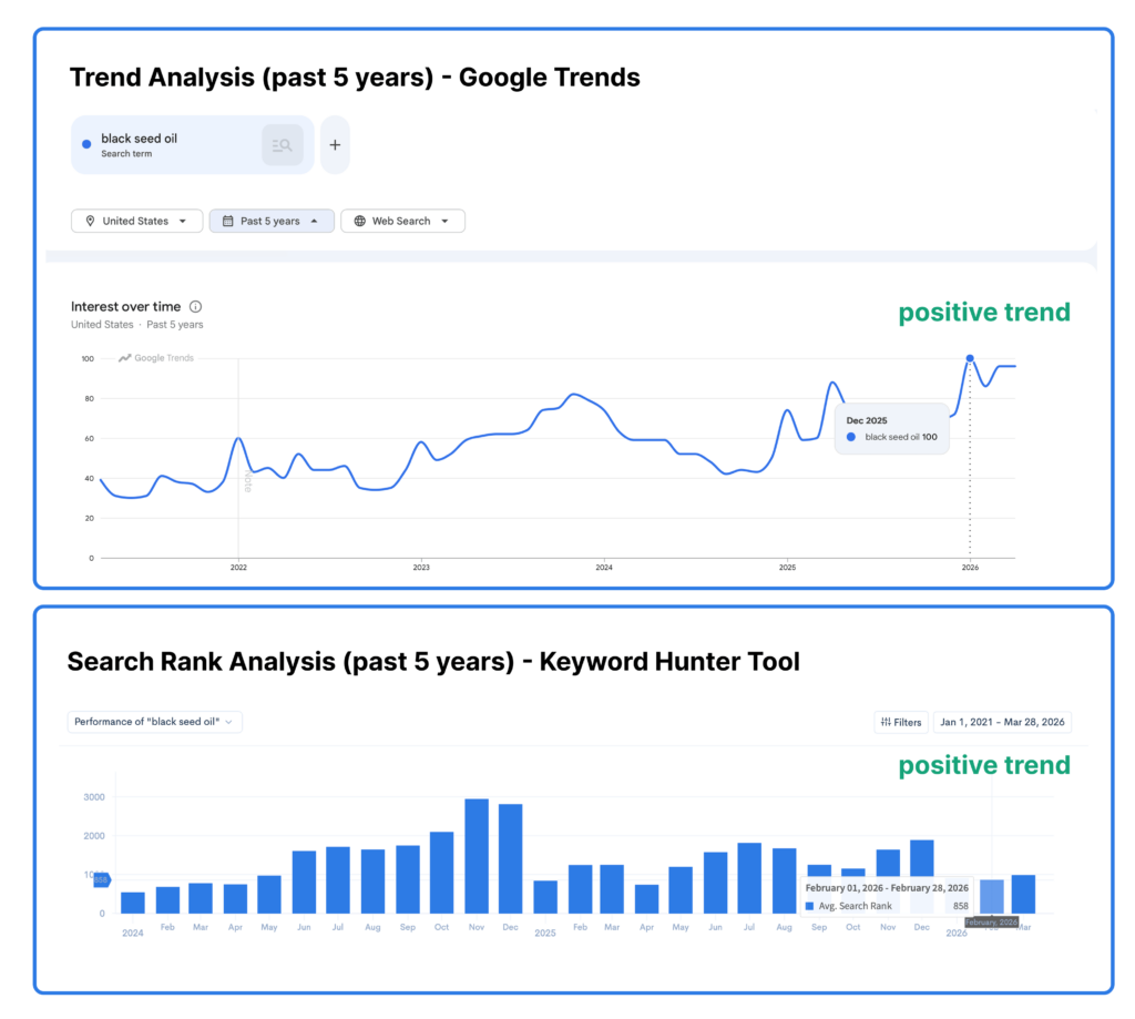 Trend analysis with Google Trends 5-year chart and Keyword Hunter search rank performance graph.