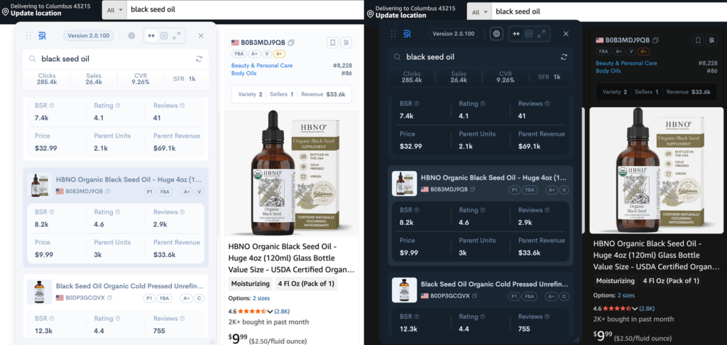 Sellerise Chrome Extension displayed in light mode and dark mode on Amazon search results