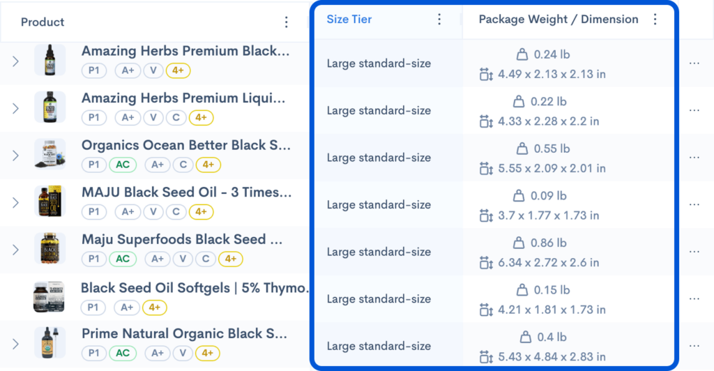 Sellerise table displaying products with size tier, package weight, and package dimensions data.