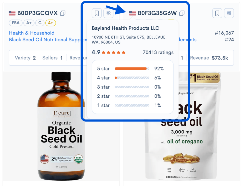 Sellerise Chrome Extension seller origin popup showing Amazon seller profile, address, rating, and star review breakdown