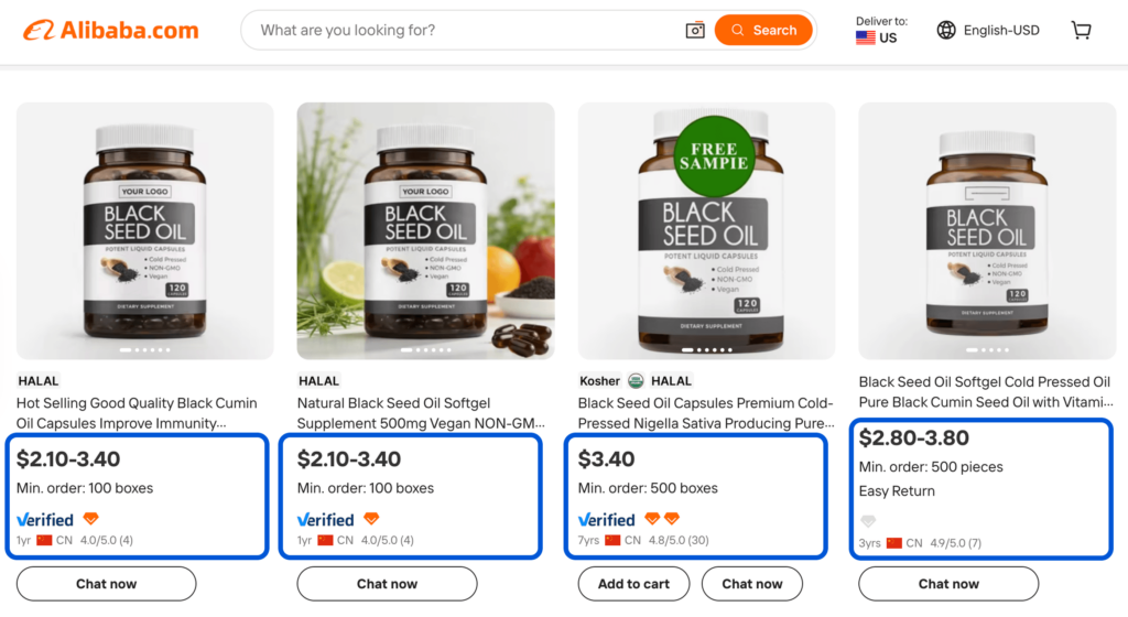 Alibaba search results for a product with product prices, minimum orders, and verified supplier information.