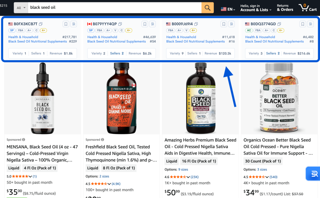 Sellerise Chrome Extension overlay displaying Amazon in-search product insights, including ASIN, BSR, category, revenue, sellers, variations, and fulfillment badges.